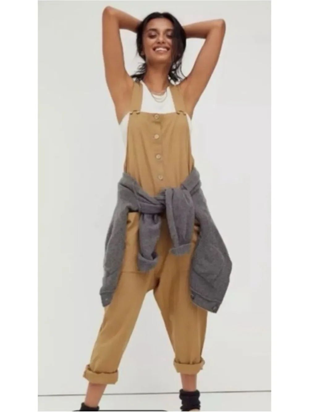 Rare~ Free People Not Over You linen Blend Oversized Overalls Size L